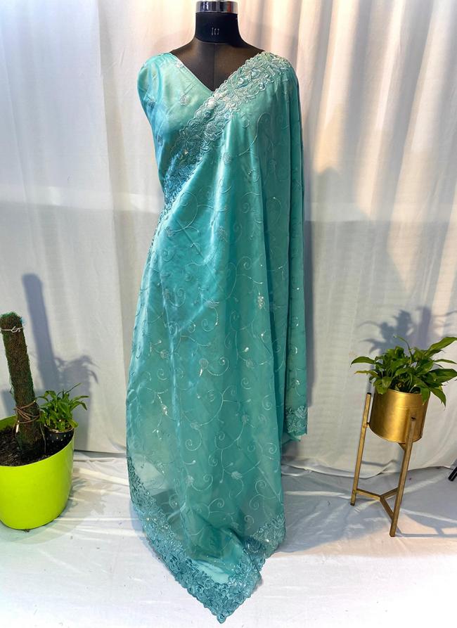 Soft Organza Teal Party Wear Embroidery Work Saree